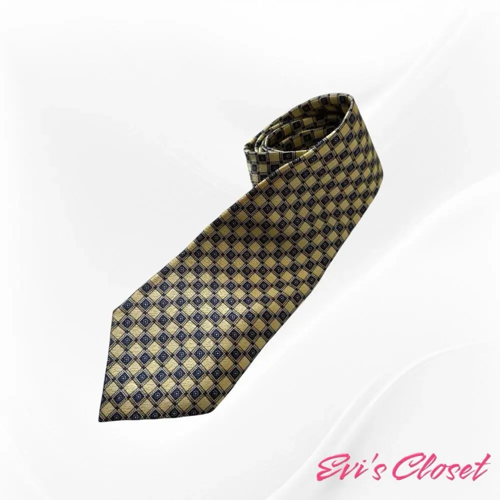 Vintage Pierre Cardin Men’s Tie, Gold w/ Blue Geometric Pattern 100% Silk